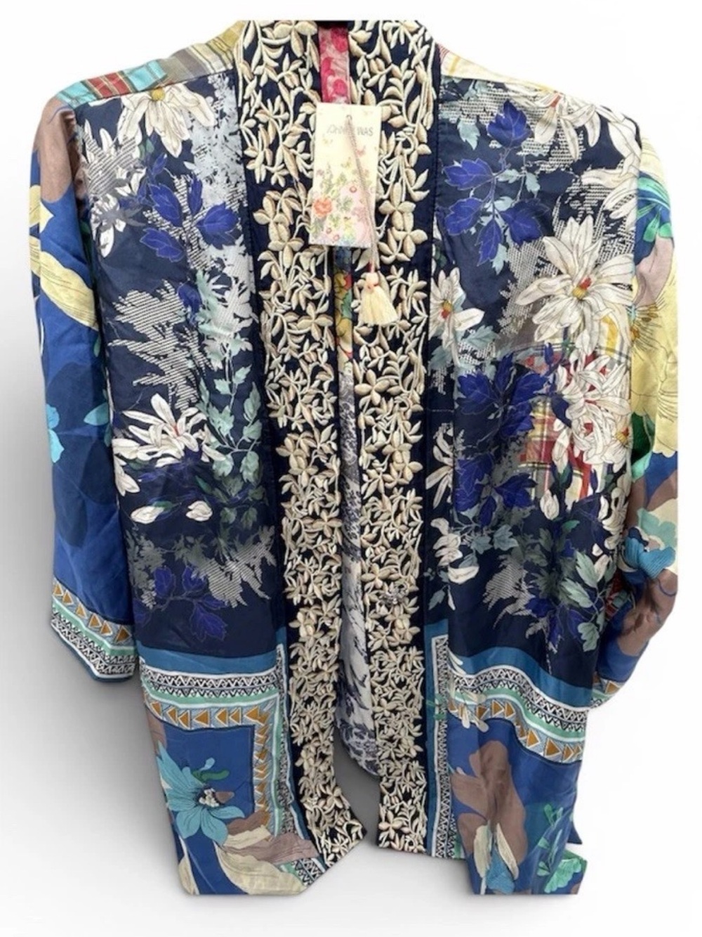 Johnny Was Navy Embroidered Floral Jacket with Cream & Tan Accents